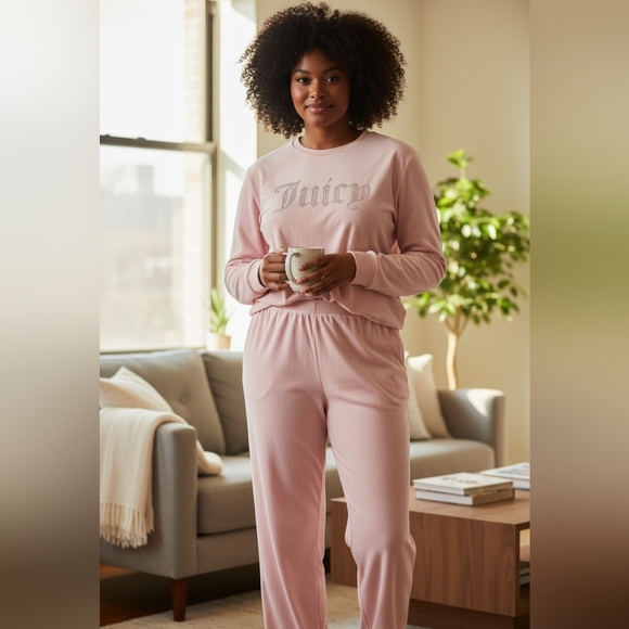 Juicy Couture Velour Sleepwear Set Blush Pink Rhinestone Logo XL NWT - Picture 11 of 12